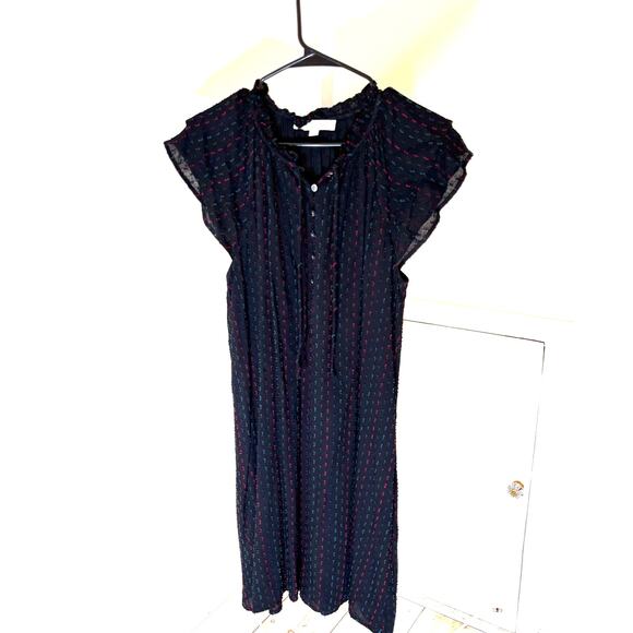 Loft EUC Women's Black Flutter Sleeve Blue Red Swiss Dot A-Line Dress Size S - Picture 1 of 10